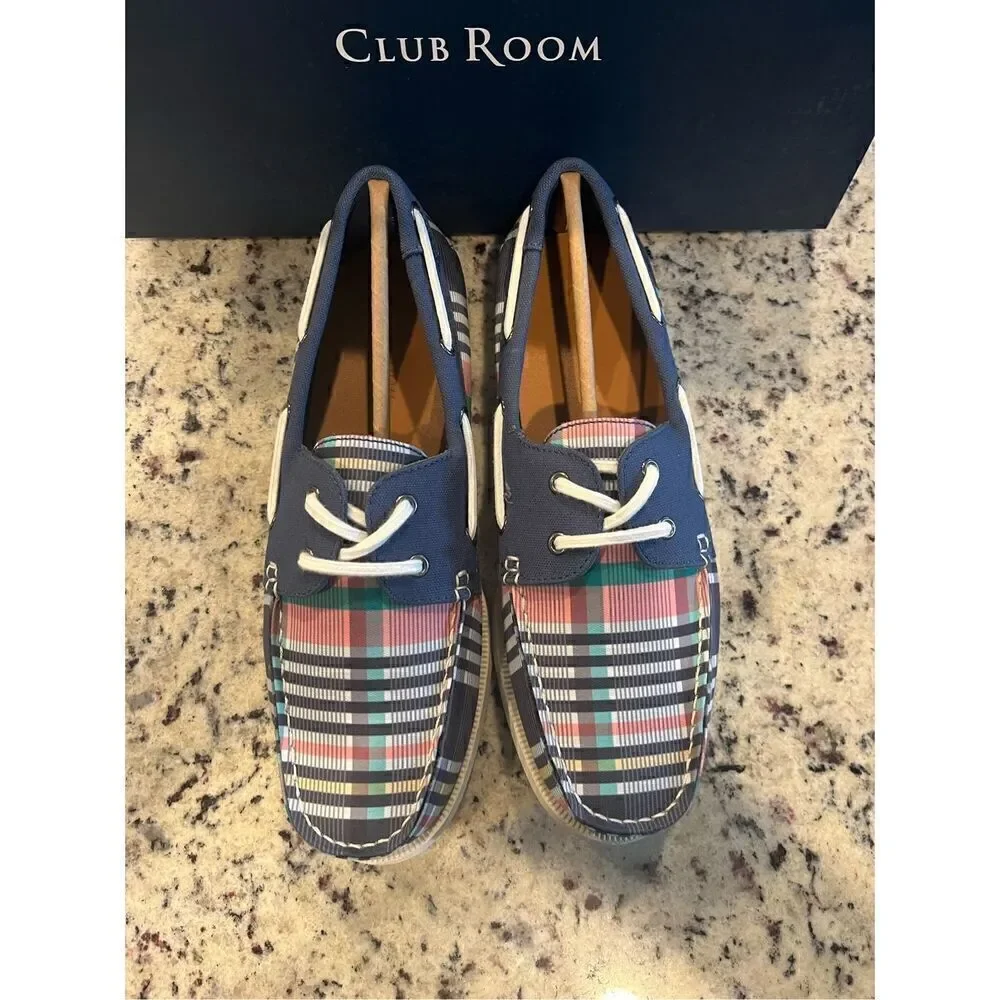 Clubroom Mens Blue Plaid Padded Elliot Round Toe Lace-Up Boat Shoes